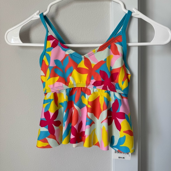 NWT Lands’ End Ruffle UPF 50 Tankini Top Size 6 Turquoise Floral Pink Orange - Picture 2 of 10